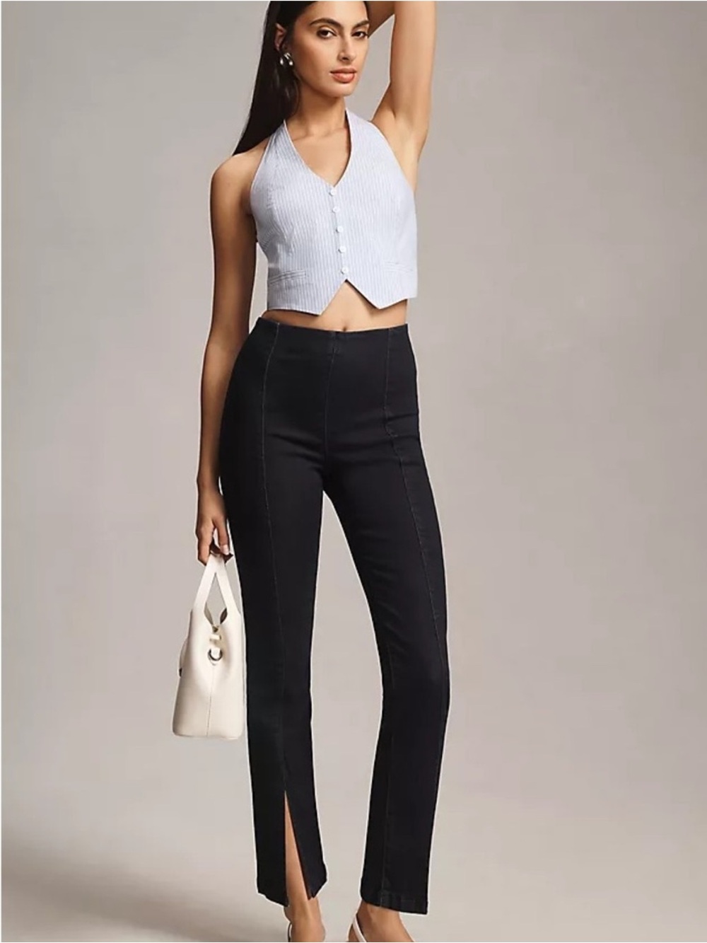 Anthropologie Maeve Black Split-Front Pull-On Straight Leg Pants Sz Large